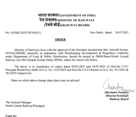 DRM Jhansi बने अनिरुद्ध कुमार, दीपक कुमार सिन्हा प्रतीक्षा सूची में