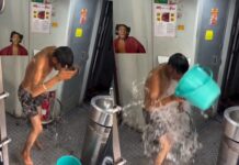 रील के चक्कर में ट्रेन के कोच में बाल्टी में पानी भर नहाया युवक