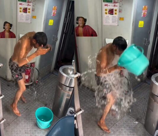 रील के चक्कर में ट्रेन के कोच में बाल्टी में पानी भर नहाया युवक
