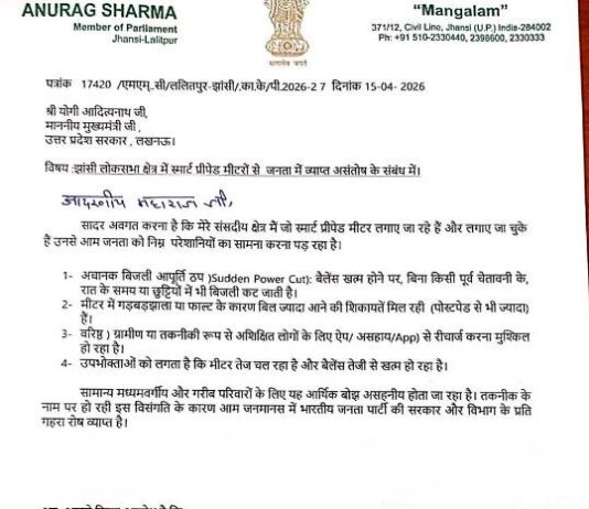 सांसद ने लिखा भाजपा की सरकार व विद्युत विभाग के प्रति गहरा रोष