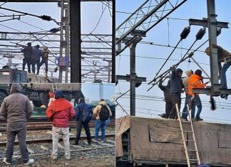 तेज़ आंधी का कहर : उरई-भुआ स्टेशनों के बीच बिजली का टावर गिरने से ओएचई तार टूटे, ट्रेनों का संचालन ठप्प रहा