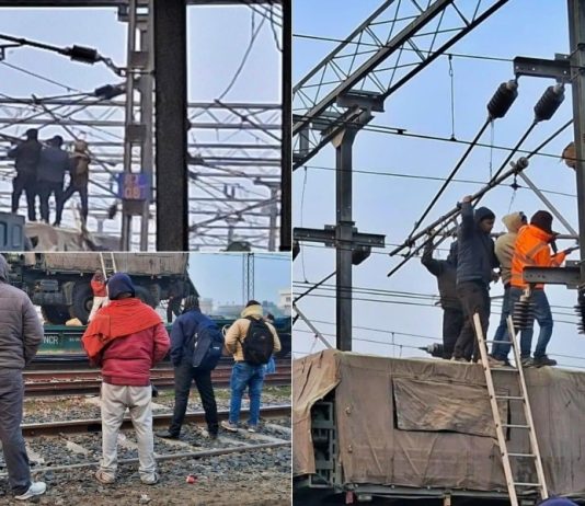 तेज़ आंधी का कहर : उरई-भुआ स्टेशनों के बीच बिजली का टावर गिरने से ओएचई तार टूटे, ट्रेनों का संचालन ठप्प रहा