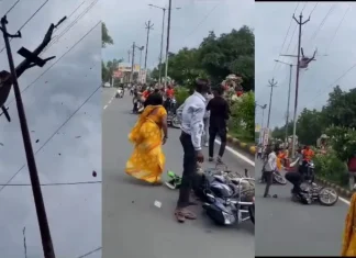 पुष्प वर्षा करते हेलीकॉप्टर की हवा के दबाव से गिरे बाइक सवार